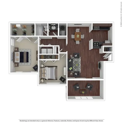 Modern 3D floor plan featuring two bedrooms, a sleek open-concept living area, elegant kitchen, and two chic bathrooms with spacious closets.