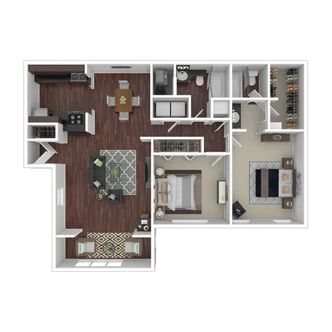 Modern floor plan featuring two bedrooms, open living and dining area, sleek kitchen, and spacious bathrooms.