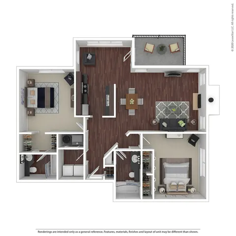 Elegant open-concept floor plan with two spacious bedrooms, a modern kitchen, cozy living room, and inviting balcony.