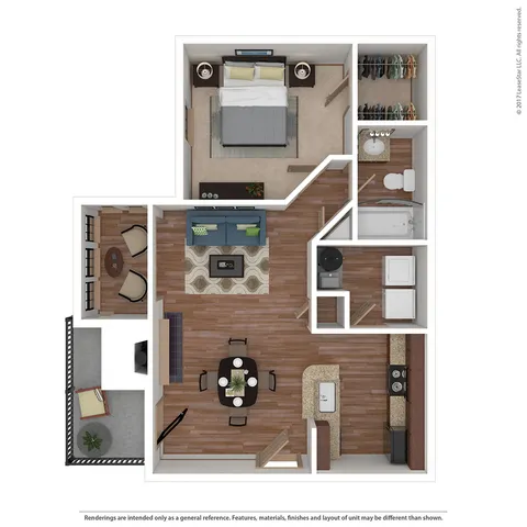 Modern 3D floor plan featuring a spacious bedroom, cozy living area, stylish dining nook, and a sleek kitchen, complete with a private balcony for outdoor relaxation.