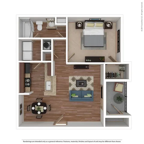 Modern 1-bedroom apartment floor plan with a cozy living area, stylish kitchen, spacious bathroom, and ample storage space.