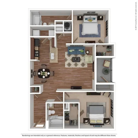 Modern apartment floor plan with 2 spacious bedrooms, open living area, elegant kitchen, and 2 bathrooms. Features sleek furnishings and ample closet space.