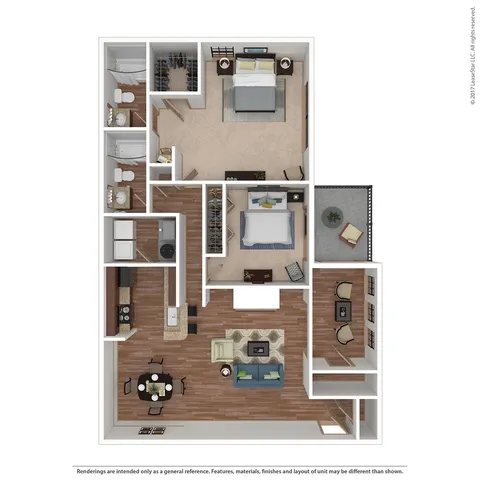 Modern 3D floor plan showcasing two spacious bedrooms, two bathrooms, an open-concept living and dining area, and a stylish kitchen with a bar counter. Includes a cozy balcony and ample storage space.