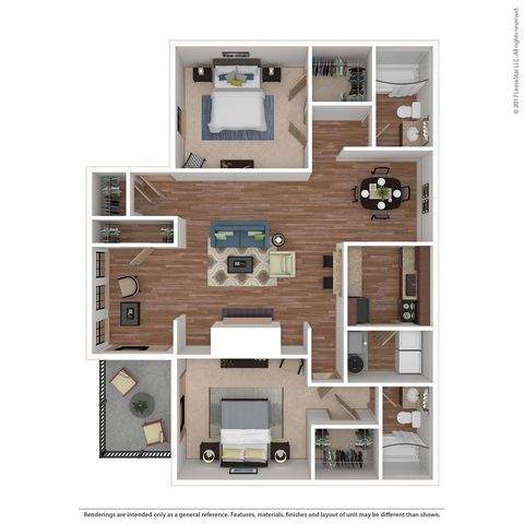 Elegant 3D floor plan showcasing two luxurious bedrooms, a spacious open-concept living room, modern kitchen with sleek appliances, and two chic bathrooms. Features a cozy balcony for outdoor relaxation.