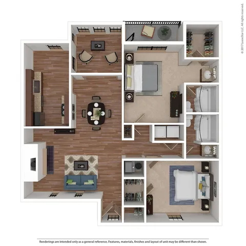 Elegant 3D floor plan showcasing a modern apartment with 2 spacious bedrooms, open living and dining area, contemporary kitchen, and 2 luxurious bathrooms, designed for comfort and style.