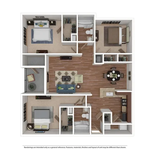 Elegant 3D floor plan showcasing 2 bedrooms, spacious living room, modern kitchen, and cozy dining area with stylish interior design.