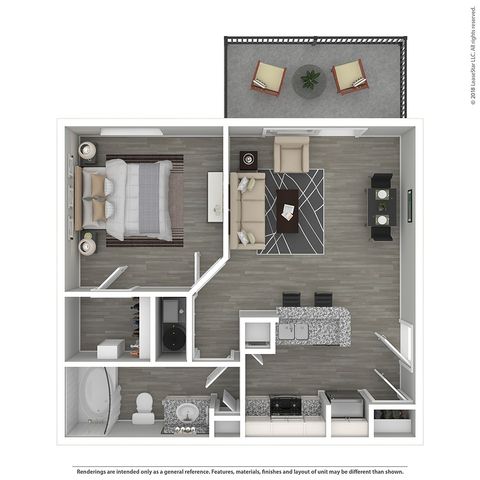 Modern floor plan featuring a spacious bedroom, open-concept living and dining area, stylish kitchen, and private balcony.