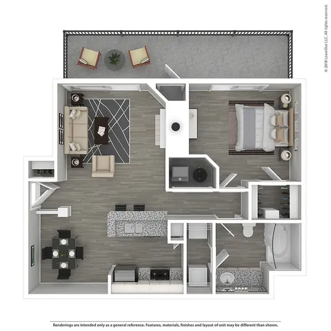 Modern 3D floor plan featuring a spacious 1-bedroom layout with an open-concept living and dining area, stylish kitchen, and private balcony.