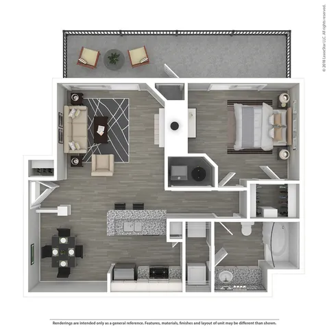 Modern 1-bedroom apartment floor plan with open-concept living and dining area, spacious kitchen, sleek bathroom, and private balcony.
