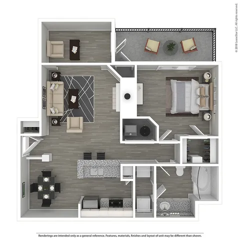 Modern 3D floor plan showcasing a spacious 1-bedroom apartment with an open-concept living area, sleek kitchen, dining space, and a cozy outdoor patio.