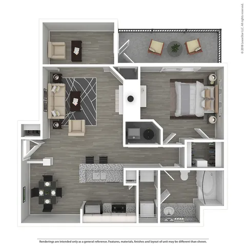 Modern 3D floor plan showcasing 1 bedroom, open-concept living and dining area, sleek kitchen, and elegant bathroom, ideal for contemporary living.