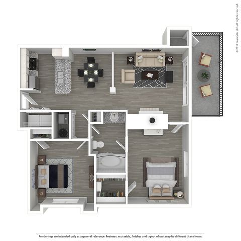 Contemporary 3D floor plan featuring an elegant 2-bedroom layout, spacious living area, modern kitchen, and cozy balcony.