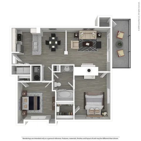 Modern 3D floor plan showcasing 2 bedrooms, a spacious living room, open kitchen with dining area, and a stylish balcony.