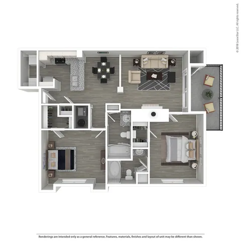 Modern 3D floor plan showcasing a stylish 2-bedroom apartment with an open-concept living room, elegant dining area, and a private balcony.