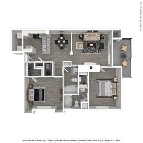 Inviting 3D floor plan showcasing 2 bedrooms, an elegant open-concept living and dining space, and a modern kitchen with high-end finishes. Includes a cozy balcony and abundant natural light.