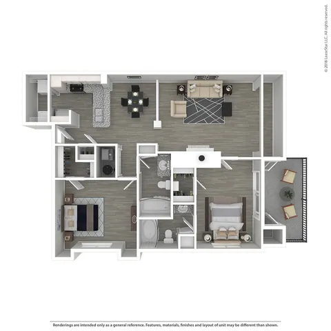 Modern 3D floor plan showcasing an open-concept living and dining area, two bedrooms, and a private balcony, perfect for stylish urban living.