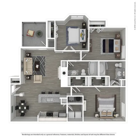 Modern 3D apartment floor plan featuring 2 bedrooms, spacious living area, stylish kitchen, and private balcony, ideal for comfortable living.