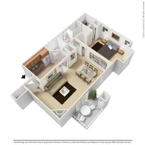 Charming 3D floor plan showcasing a cozy one-bedroom apartment with a spacious living area, modern kitchen, elegant dining space, bathroom, and inviting balcony.