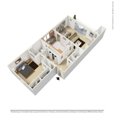 Modern 3D floor plan showcasing one bedroom, kitchen, and open-concept living area with natural light.