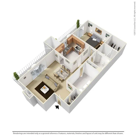 Bright 3D floor plan showcasing a modern apartment with 2 bedrooms, a cozy living-dining area, sleek kitchen, and spacious balcony.
