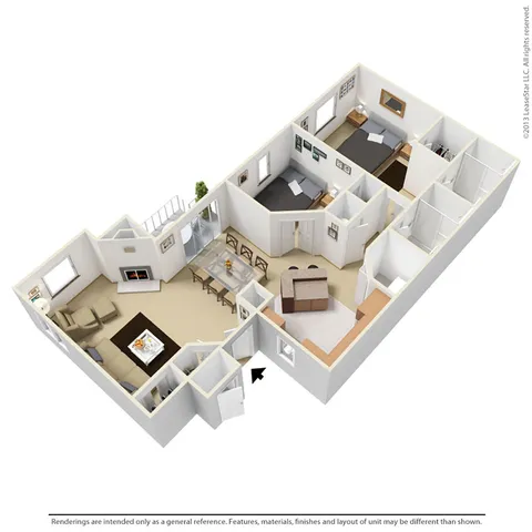 Charming 3D apartment floor plan showcasing 2 cozy bedrooms, an expansive living area with a fireplace, a modern kitchen, and a dining space for entertaining.