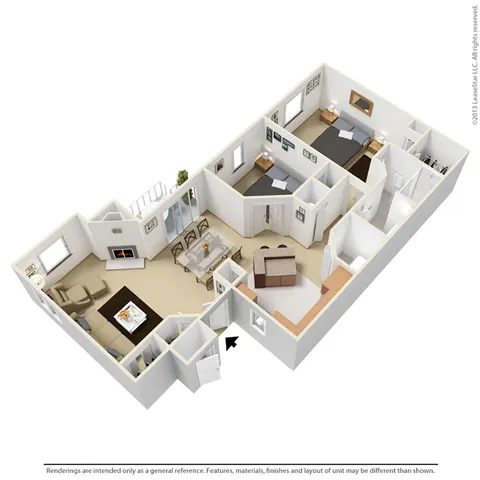 Contemporary 3D floor plan showcasing an elegant living room with fireplace, modern kitchen with island, spacious dining area, and two cozy bedrooms.