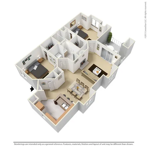 Elegant 3D floor plan featuring two cozy bedrooms, a modern kitchen, and a spacious open living and dining area, ideal for comfortable living.