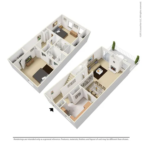 Modern 3D floor plan showcasing a stylish two-bedroom, two-bath townhouse with an open living area, cozy fireplace, and spacious balcony.
