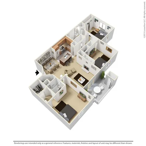 Elegant 3D floor plan showcasing a spacious apartment with 3 bedrooms, open kitchen and dining area, cozy living room, and a charming patio.