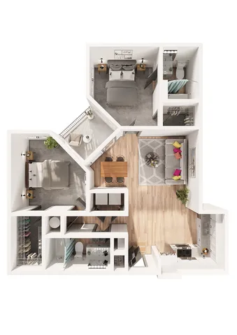 Modern 3D floor plan showcasing 2 bedrooms, a stylish living area, and a gourmet kitchen, perfect for contemporary living.