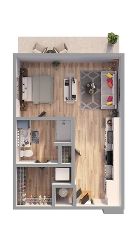 Modern floor plan of an elegant apartment showcasing a spacious bedroom, open-plan living area, sleek kitchen, and a cozy balcony with seating.