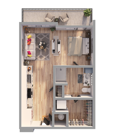 Modern 1-bedroom apartment floor plan featuring open-concept living room, sleek kitchen, and cozy balcony.