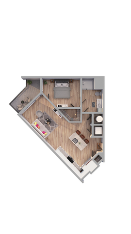 Modern apartment floor plan featuring a spacious bedroom, cozy living area, stylish kitchen with island seating, and an inviting balcony.