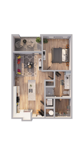 Contemporary 2D floor plan showcasing a cozy one-bedroom layout with an inviting living area, modern kitchen, and stylish bathroom, complemented by a charming balcony space.