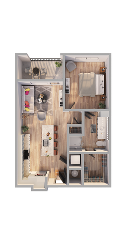 Charming 1-bedroom apartment floor plan with a modern open-concept kitchen and cozy living area, featuring a sunny balcony and stylish bathroom.