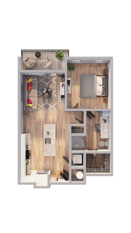 Contemporary 1-bedroom floor plan featuring an open living area, modern kitchen, spacious balcony, and elegant bathroom.