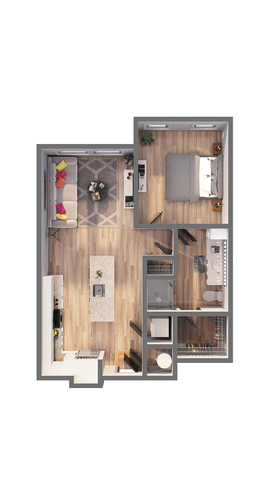 Chic 3D floor plan showcasing 1 bedroom, contemporary bathroom, and open-plan living area with modern kitchen design.