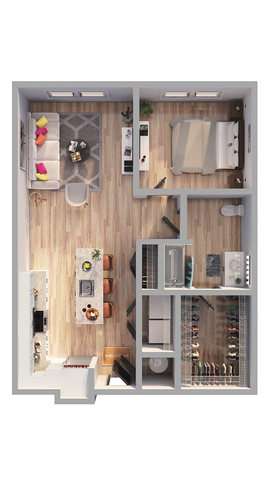 Elegant one-bedroom apartment floor plan featuring an open-concept living room, modern kitchen with island, and spacious walk-in closet.