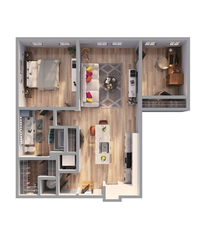 Modern floor plan showcasing a cozy 1-bedroom apartment with an open-concept living area, sleek kitchen island, stylish study nook, and elegant bathroom.