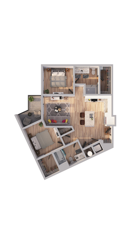 Modern 3D floor plan showcasing two-bedroom apartment with open living space, luxurious kitchen, and cozy balcony.
