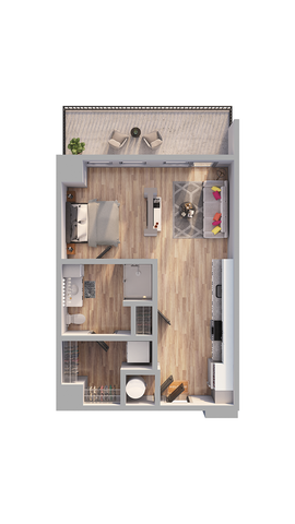 Contemporary 2D floor plan showcasing a cozy one-bedroom layout with an inviting living area, modern kitchen, stylish bathroom, and a charming balcony.