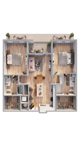 Modern floor plan showcasing 2 spacious bedrooms, an inviting living area, and a sleek kitchen with an island bar.