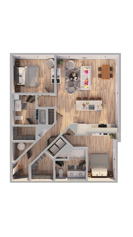 Contemporary 3D floor plan featuring two spacious bedrooms, an open-concept living room, modern kitchen, and stylish dining area.