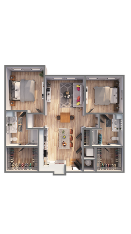 Modern apartment floor plan showcasing 2 bedrooms, open-concept living and dining area, and a sleek kitchen with a central island. Includes two luxurious bathrooms and walk-in closets, perfect for stylish living.