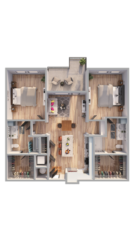 Modern 2D floor plan showcasing 2 elegant bedrooms, a spacious living room, and a stylish kitchen with breakfast bar, perfect for contemporary living.