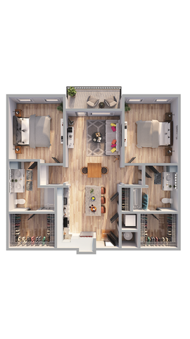 Modern floor plan featuring two bedrooms with cozy seating, an open living area, a stylish kitchen with island seating, two bathrooms, and a private balcony.
