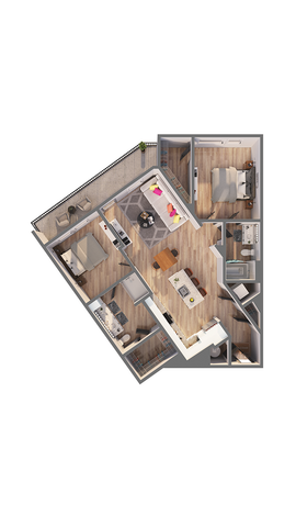 Contemporary 3D floor plan showcasing 2 bedrooms, open-concept living area, and modern kitchen with stylish design.