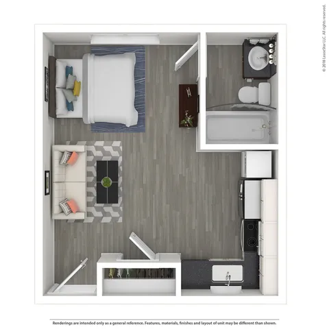 Modern 3D floor plan featuring a cozy 1-bedroom apartment with an inviting living area, sleek kitchen, and stylish bathroom.
