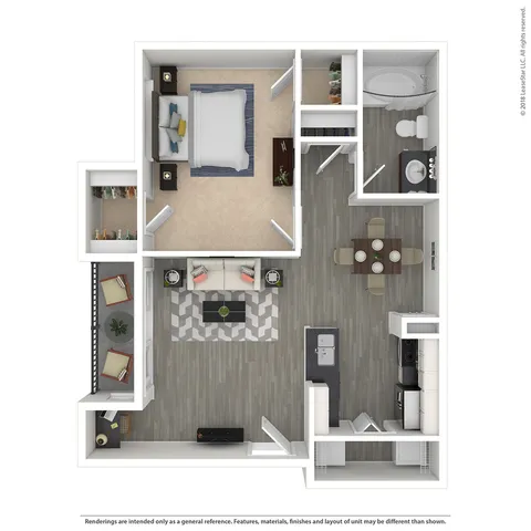 Modern 1-bedroom floor plan showcasing an open living and dining area, stylish kitchen, and cozy balcony.