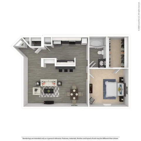 Modern 1-bedroom apartment floor plan featuring open-concept living room, stylish kitchen, spacious walk-in closet, and elegant bathroom.